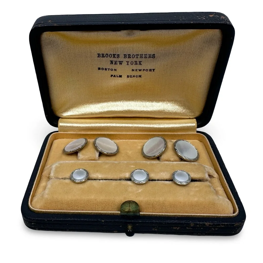 Art Deco Brooks Brothers 14k Yellow White Gold Mother Pearl Cufflinks Studs Set